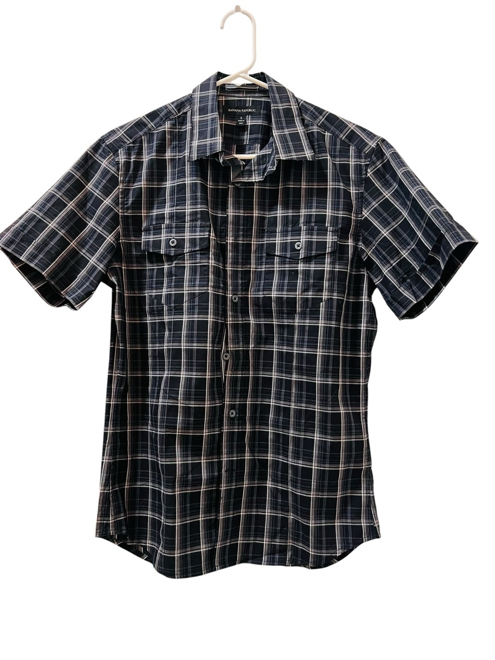 Banana Republic Navy, Gray and White Plaid Short-Sleeve Button Shirt